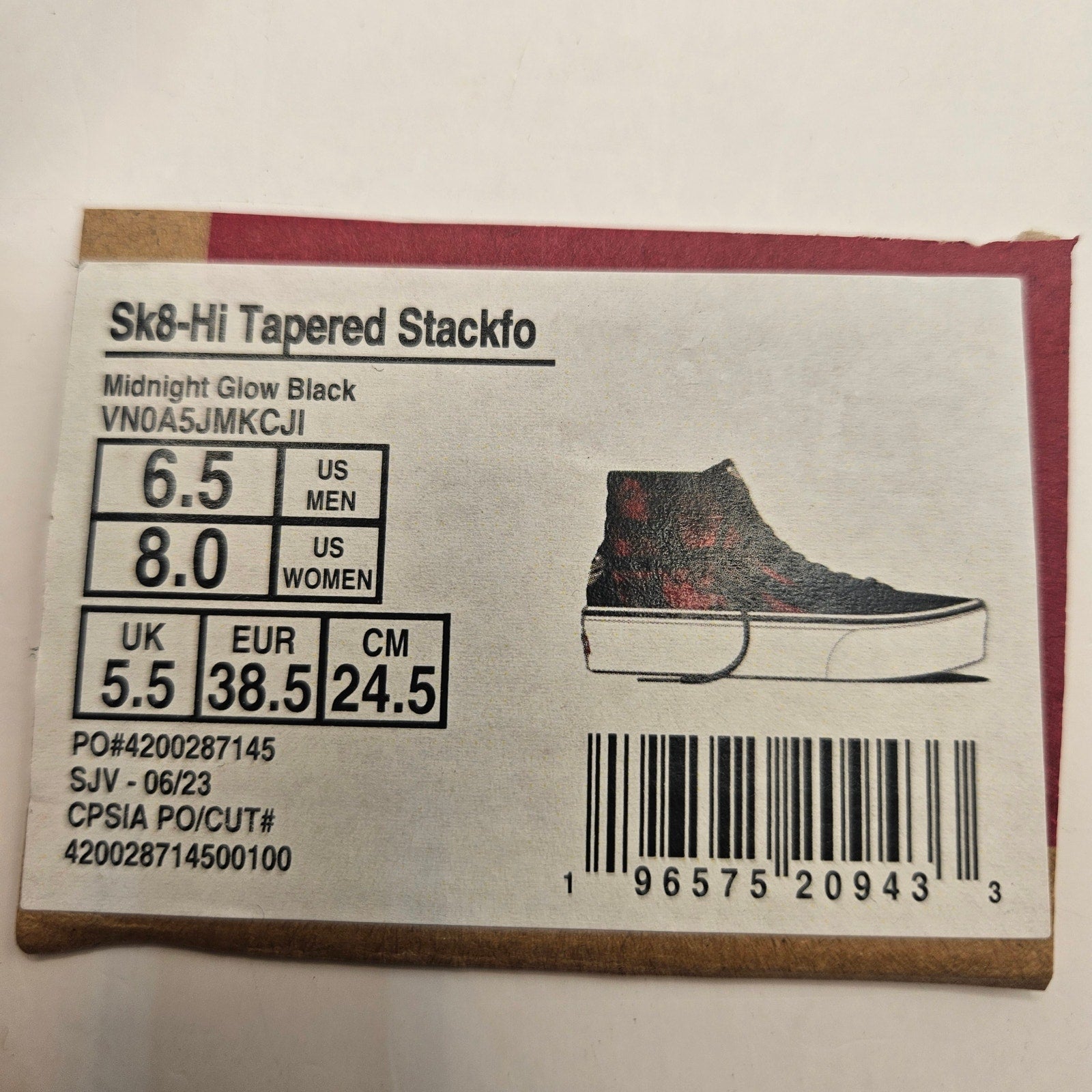 VANS M6.5/W8 SK8 HI TAPERED STACKFORM MIDNIGHT GLOW BLACK RED NWOB