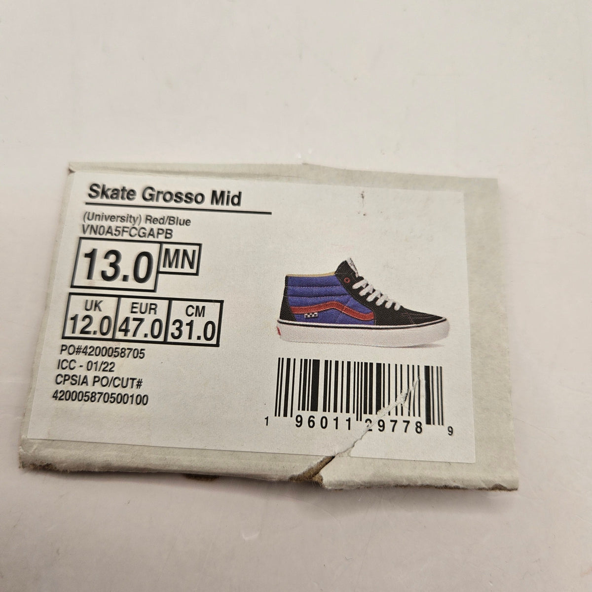 VANS MEN'S 13 SKATE GROSSO MID UNIVERSITY SKATE SNEAKER NWOB