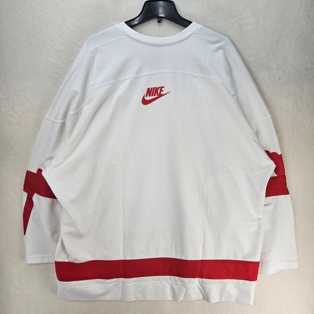 NIKE MEN'S XL OVERSIZED FIT MESH HOCKEY JERSEY WHT RED SWOOSH V-NECK HV1137-100