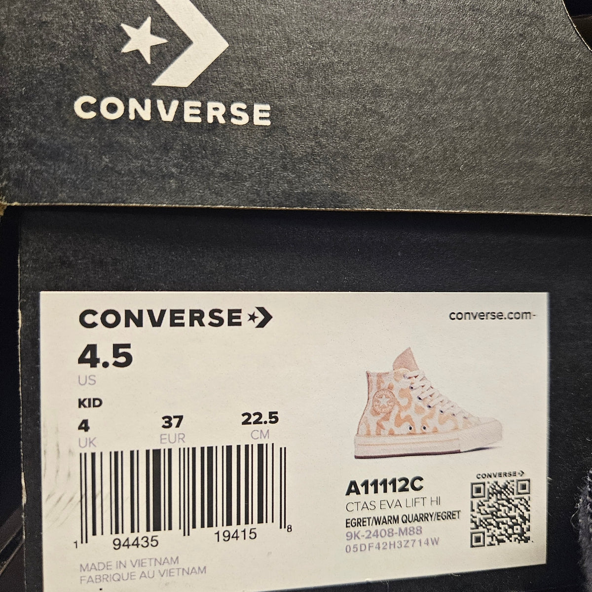 CONVERSE KIDS 4.5 CHUCK TAYLOR ALL STAR EVA LIFT HIGH EGRET WARM QUARRY A11112C