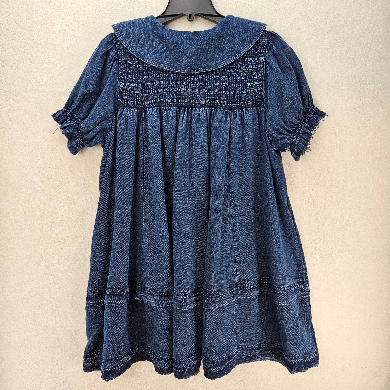 PILCRO ANTHROPOLOGIE XL DENIM BABYDOLL DRESS PETER PAN COLLAR SMOCKED PUFF NWT