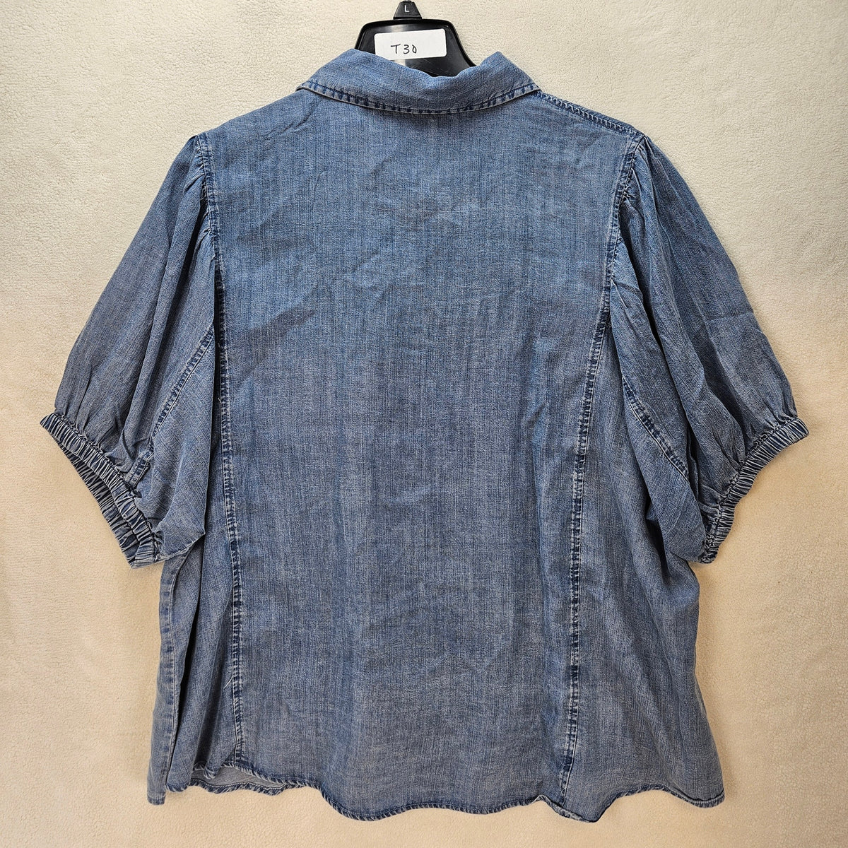 WORKSHOP WOMEN'S 3XL OVERSIZED BLOUSE 100% LYOCELL LIGHT BLUE WASH COLLAR STAINS