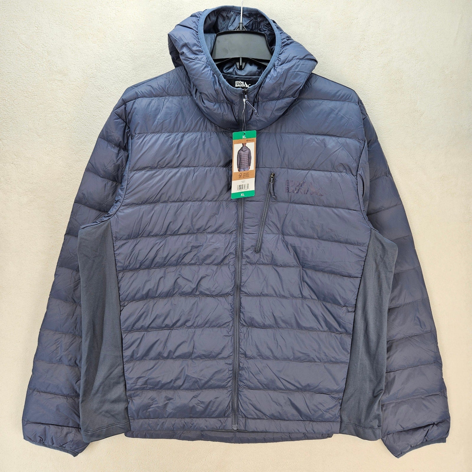 EDDIE BAUER MEN'S XLARGE DOWN PUFFER JACKET HOODED GRAY NWT