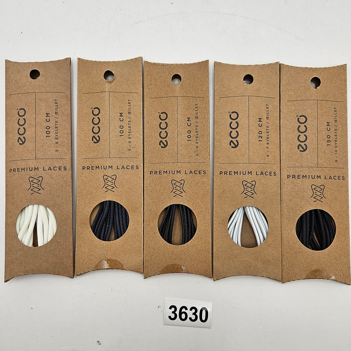 LOT OF 5 - ECCO PREMIUM LACES 100/120/150CM BLACK/MARINE/WHITE ROUND NIB 5 PAIRS