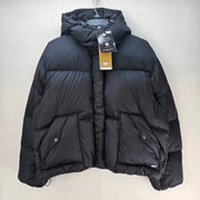 LEVI'S WOMENS LARGE PREMIUM DOWN PUFFER JACKET BLACK HOODED INSULATED NWT
