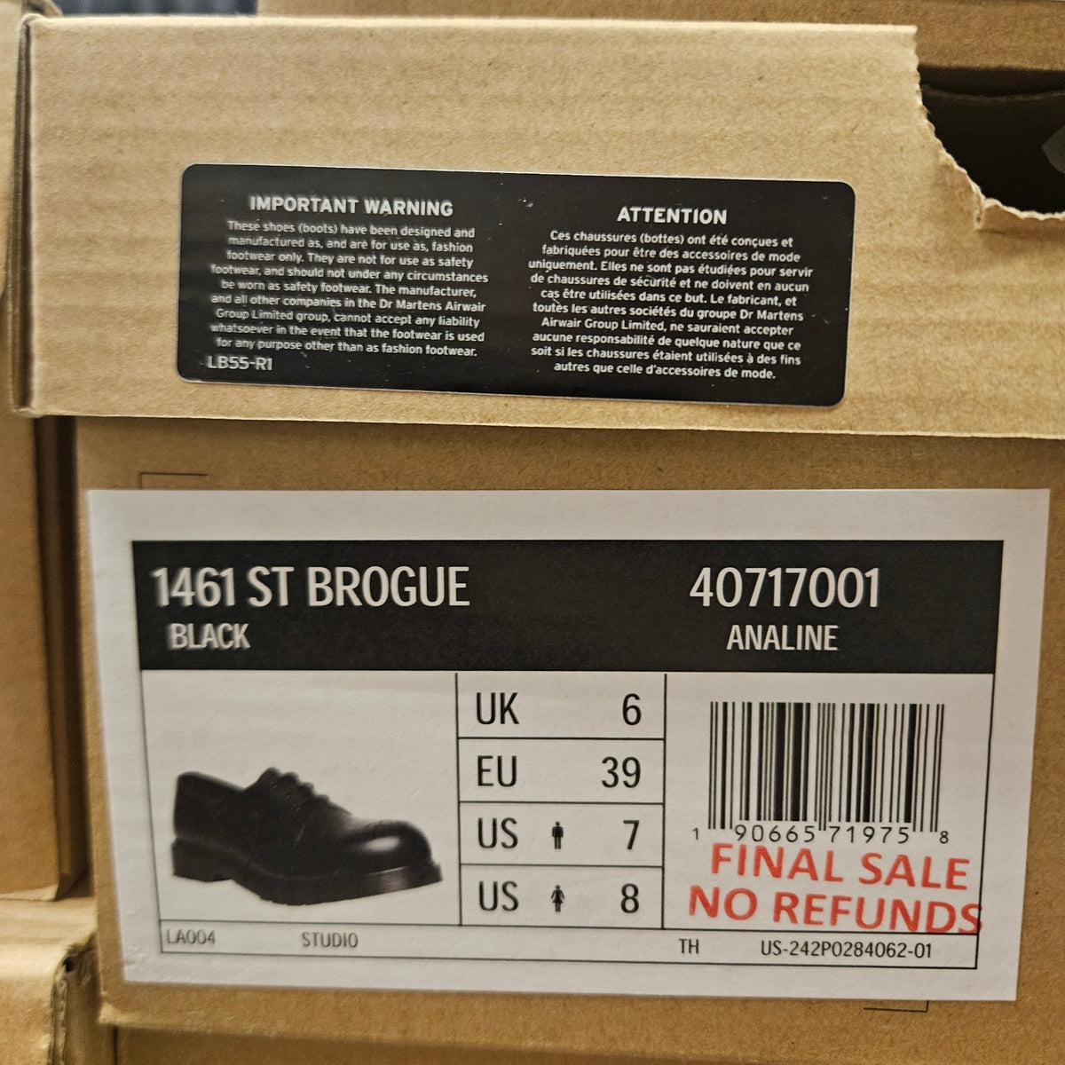 DR MARTENS WOMEN'S 8 ANALINE 40717001 1461 ST BROGUE BLACK LOW STEEL TOE RARE