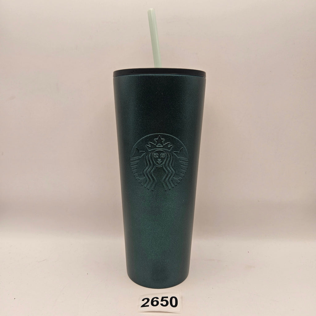 STARBUCKS 24oz TUMBLER DARK GREEN W LID AND STRAW IRIDESCENT