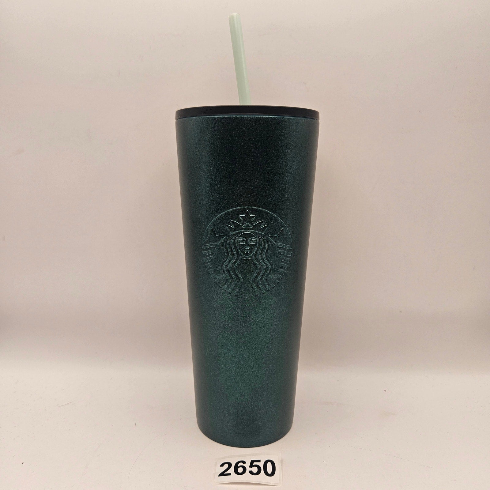 STARBUCKS 24oz TUMBLER DARK GREEN W LID AND STRAW IRIDESCENT