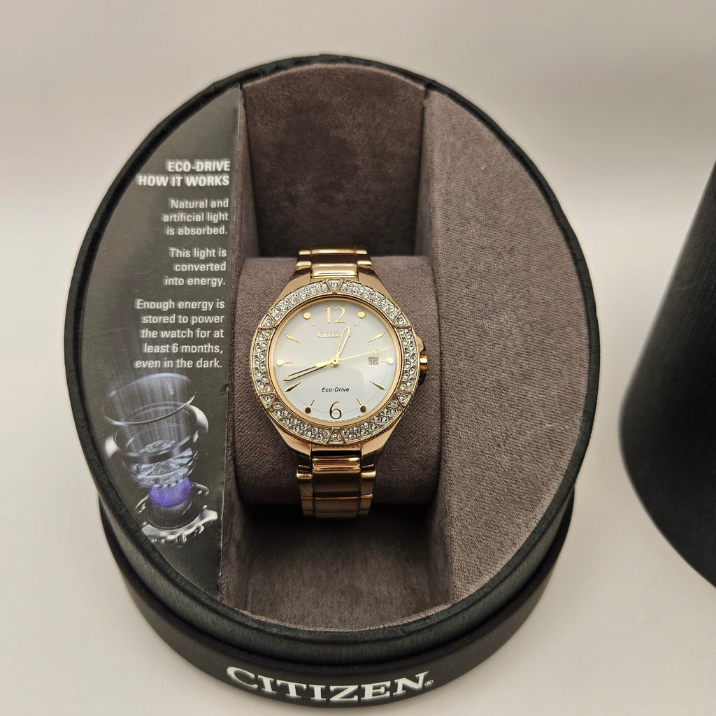 CITIZEN FE1163-56A SILHOUETTE WOMEN'S ECO DRIVE SWAROVSKI CRYSTAL GOLDTONE WATCH