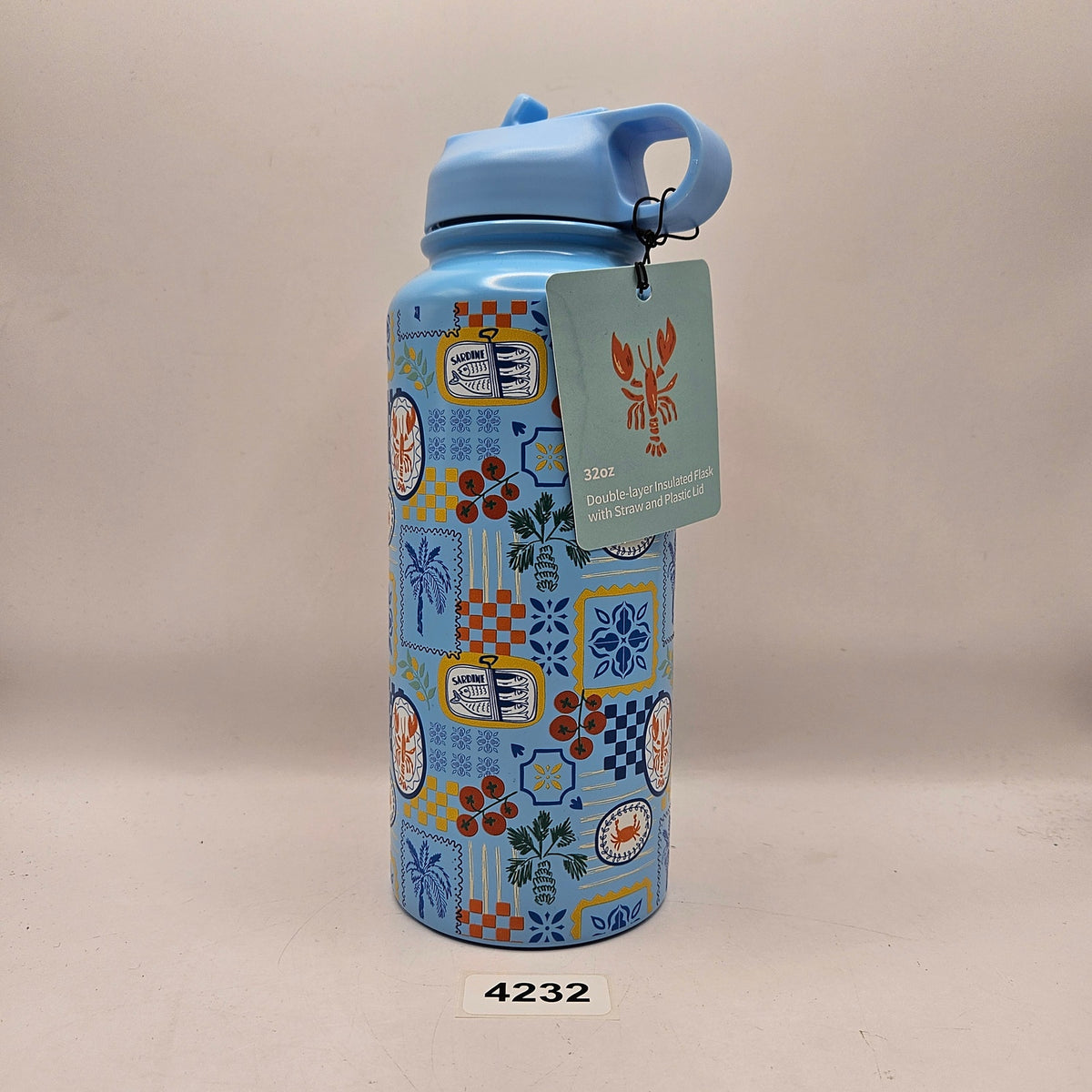 LOBSTER 32 OZ DOUBLE LAYER INSULATED FLASK WITH STRAW AND PLASTIC LID ANTI LEAK