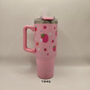 32oz PINK STRAWBERRY FLOWER TUMBLER W STRAW BRAND NEW