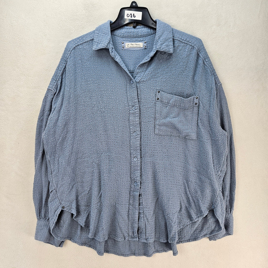 FREE PEOPLE WE THE FREE WOMEN'S SMALL BLUE TEXTURED OVERSIDED BUTTON FRONT SHIRT