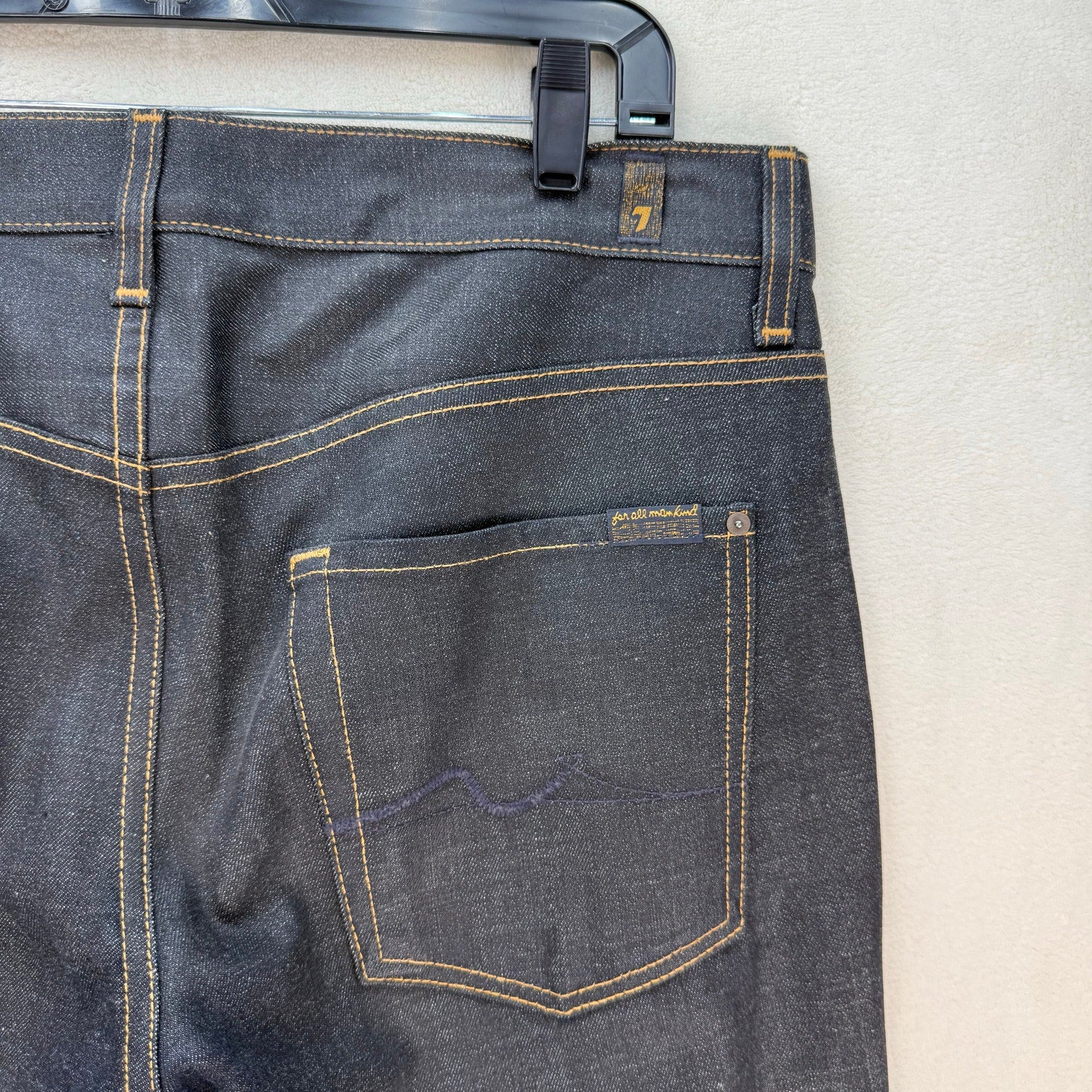 7 FOR ALLMANKIND MEN'S 33 MADE IN USA DARK BLUE WAXED STRAIGHT LEG JEANS