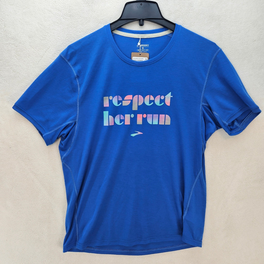BROOKS WOMEN'S MEDIUM DISTANCE GRAPHIC SHORT SLEEVE BLUE TEE RESPECT HER RUN NWT