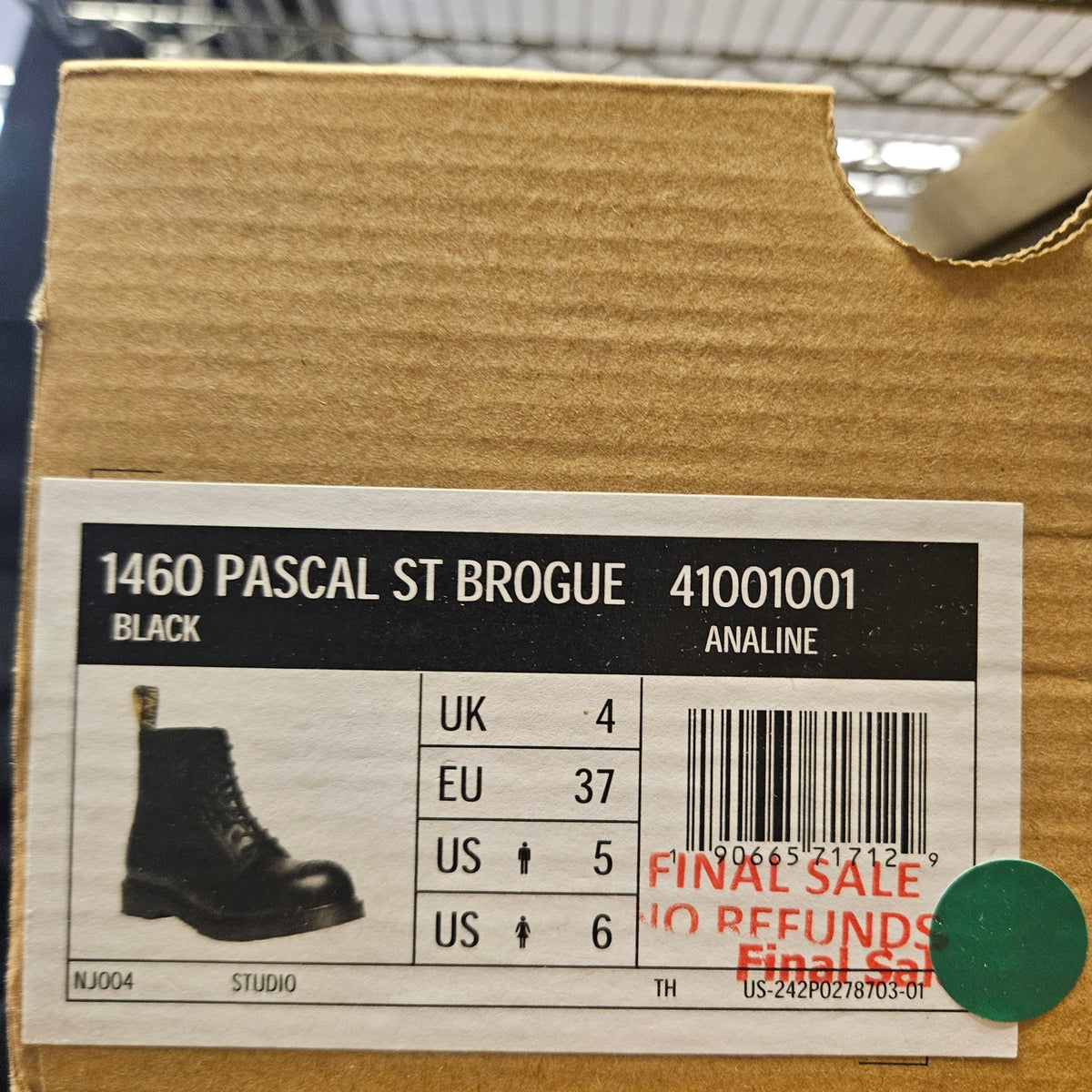 DR MARTEN WOMEN'S 6 ANALINE 41001001 1460 PASCAL ST BROGUE STEEL TOE BLACK BOOT