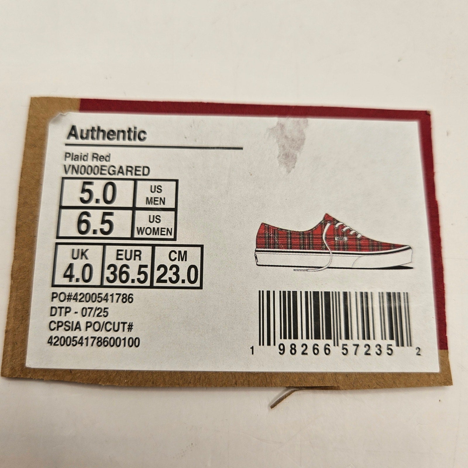 VANS WOMEN'S 6.5 AUTHENTIC LOW TOP SNEAKER PLAID RED NWOB