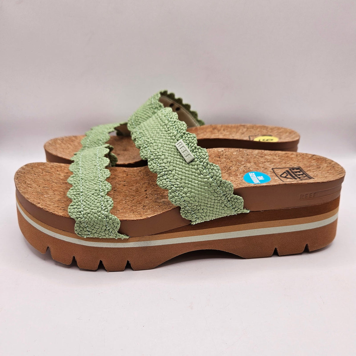 REEF WOMEN'S 9 PLATFORM SANDALS MATCHA GREEN CORK SOLE