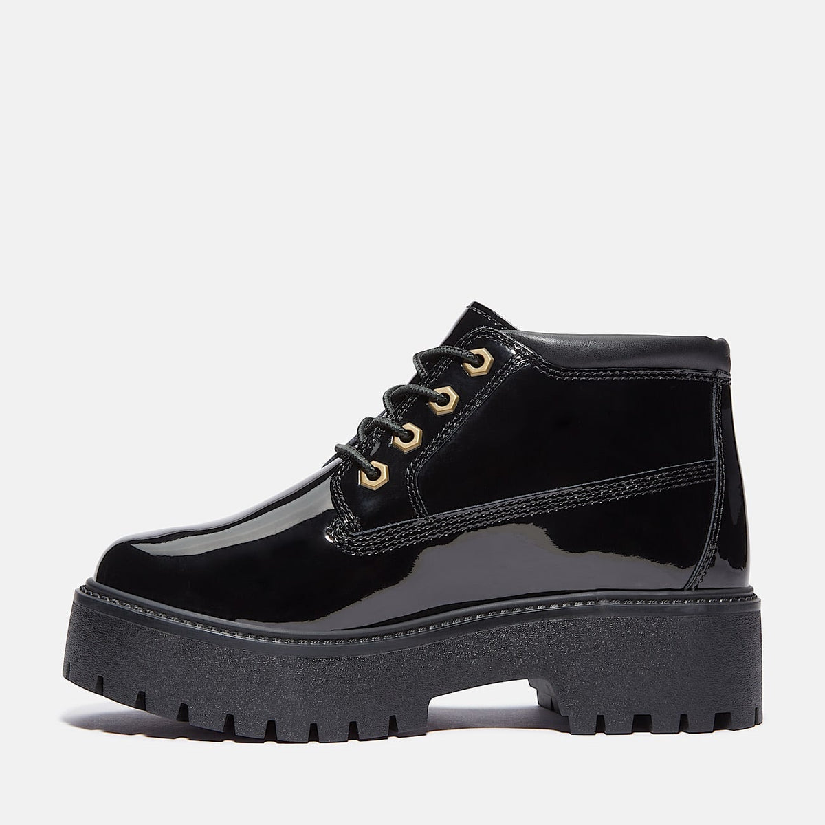 TIMBERLAND WOMEN'S 6.5 STONE STREET MID LACE WATERPROOF PATENT BLACK LEATHER NIB