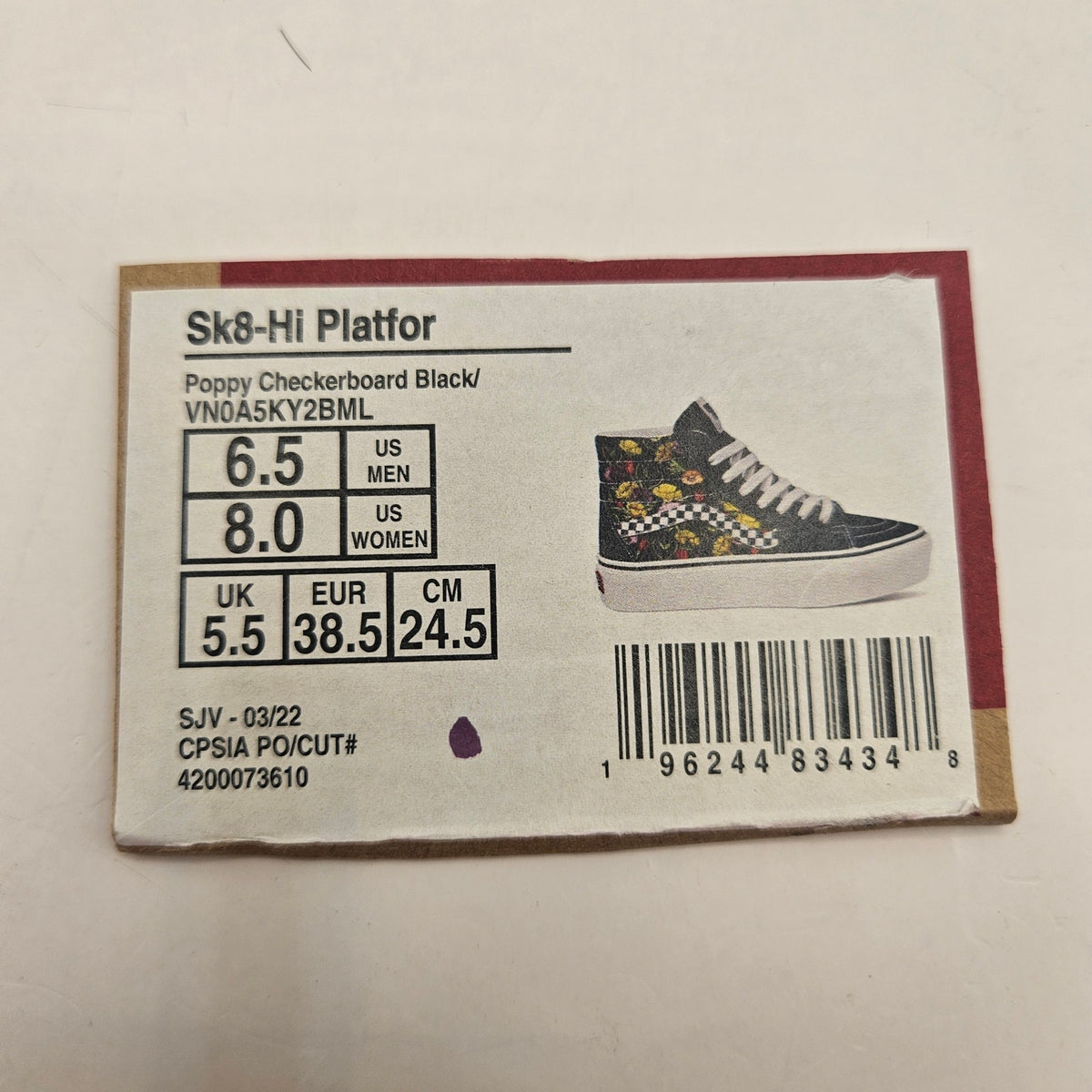 VANS M6.5/W8 SK8 HI PLATFORM POPPY CHECKERBOARD BLACK NWOB