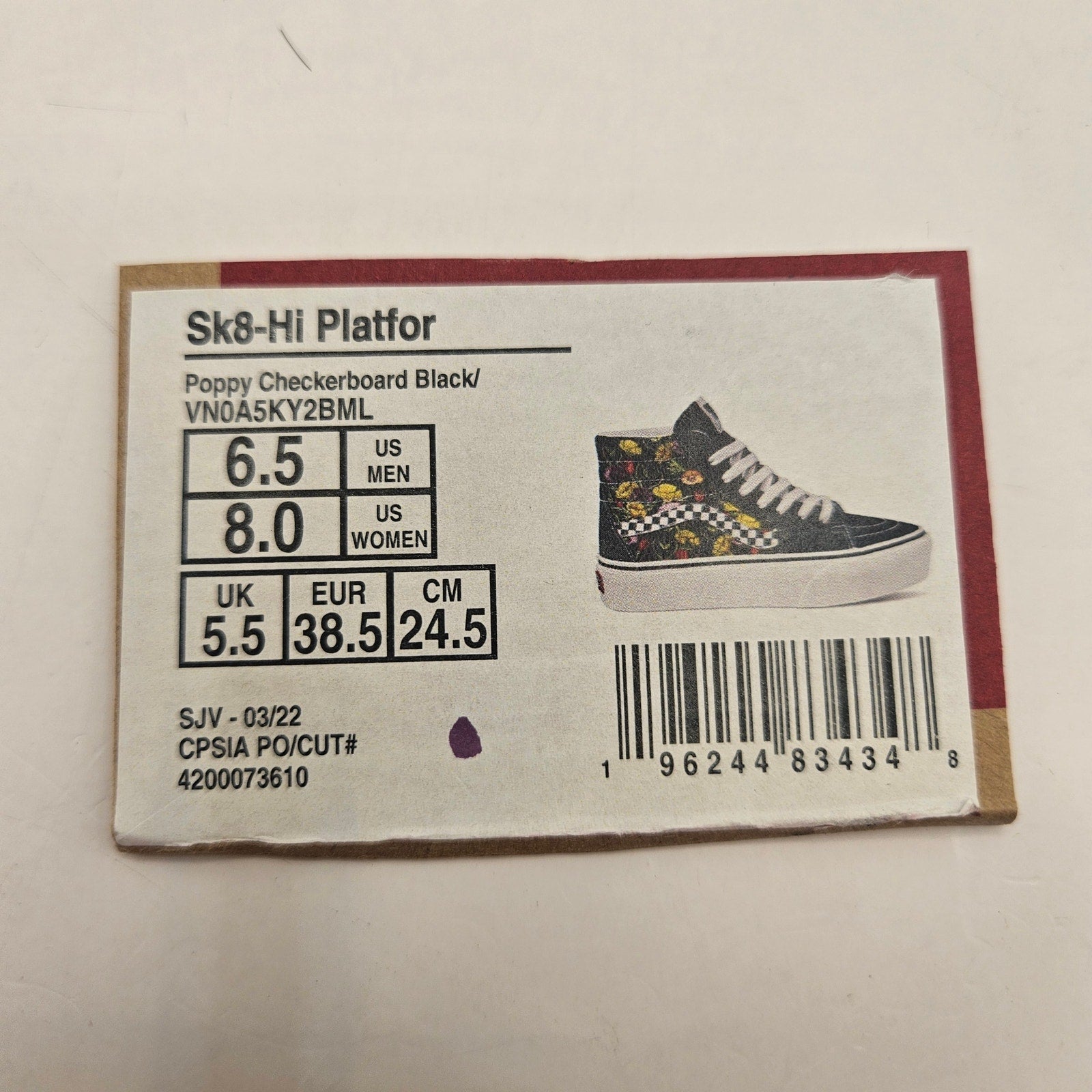 VANS M6.5/W8 SK8 HI PLATFORM POPPY CHECKERBOARD BLACK NWOB