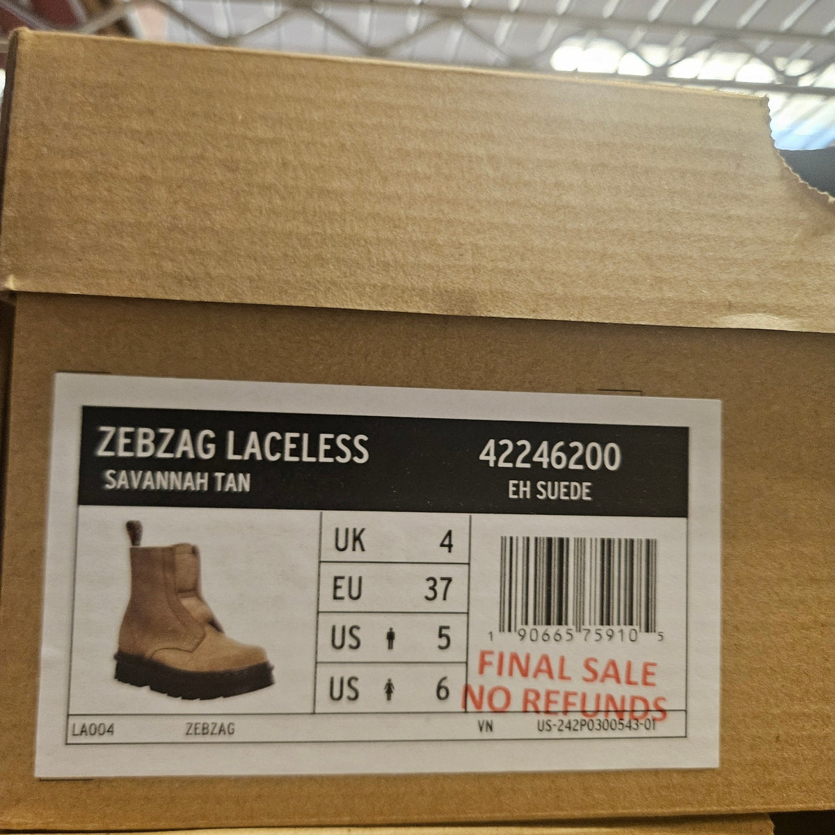 DR MARTENS WOMEN'S 6 ZEBZAG LACELESS SAVANNAH TAN EH SUEDE 42246200