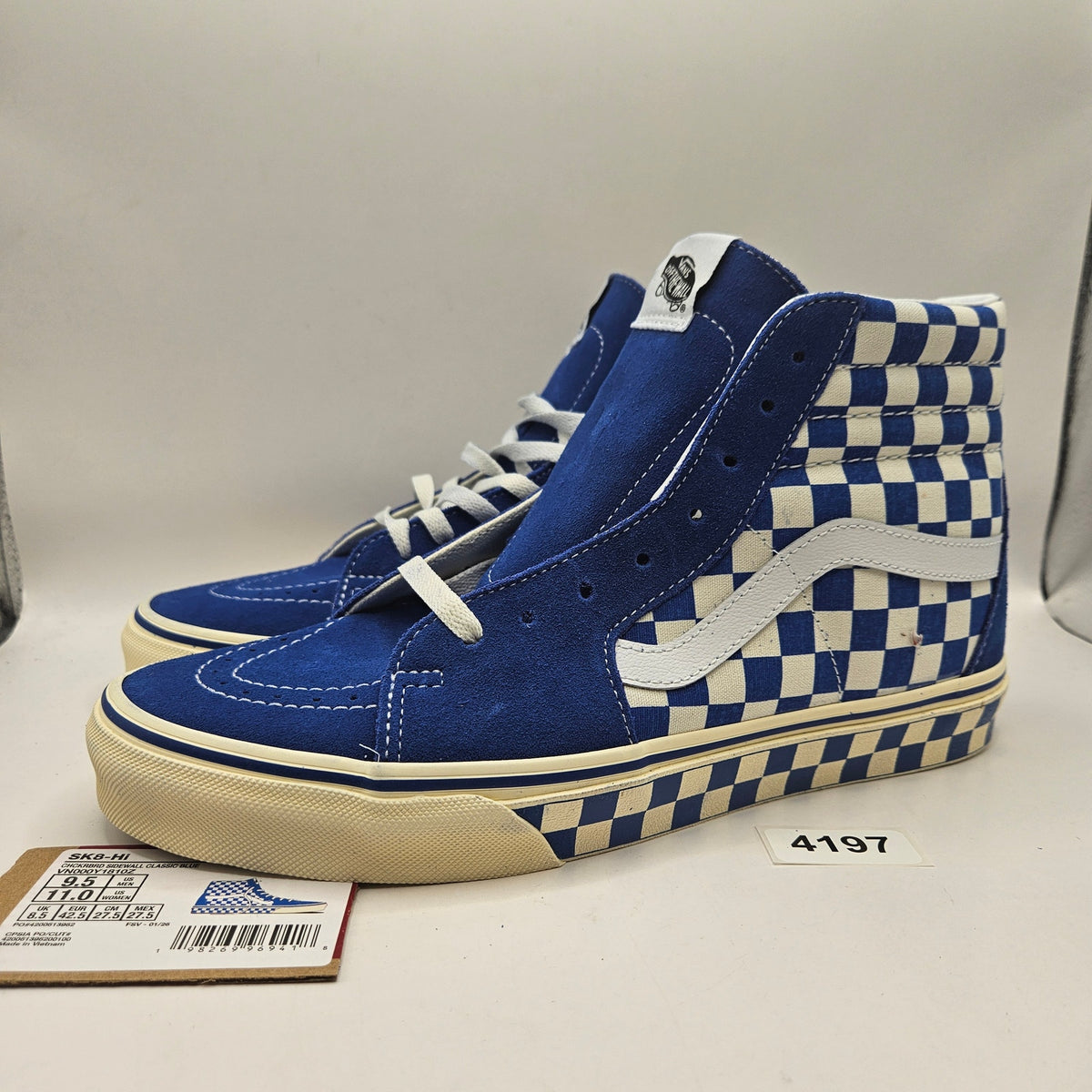 VANS MEN'S 9.5 SK8-HI CHECKERBOARD SIDEWALL CLASSIC BLUE SKATEBOARD NWOB