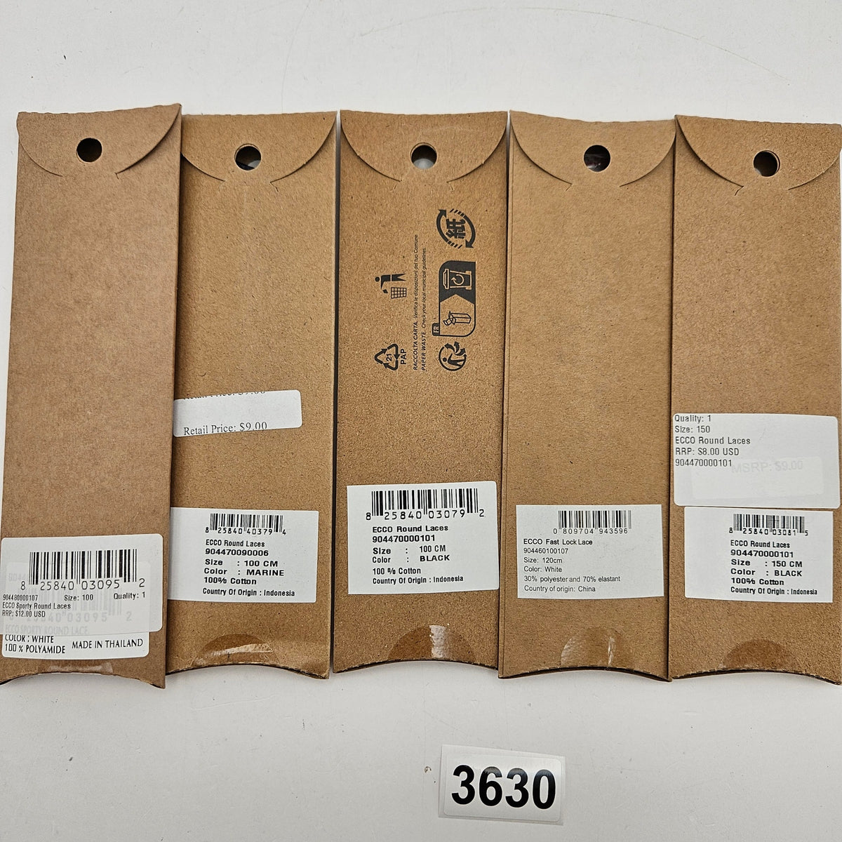 LOT OF 5 - ECCO PREMIUM LACES 100/120/150CM BLACK/MARINE/WHITE ROUND NIB 5 PAIRS