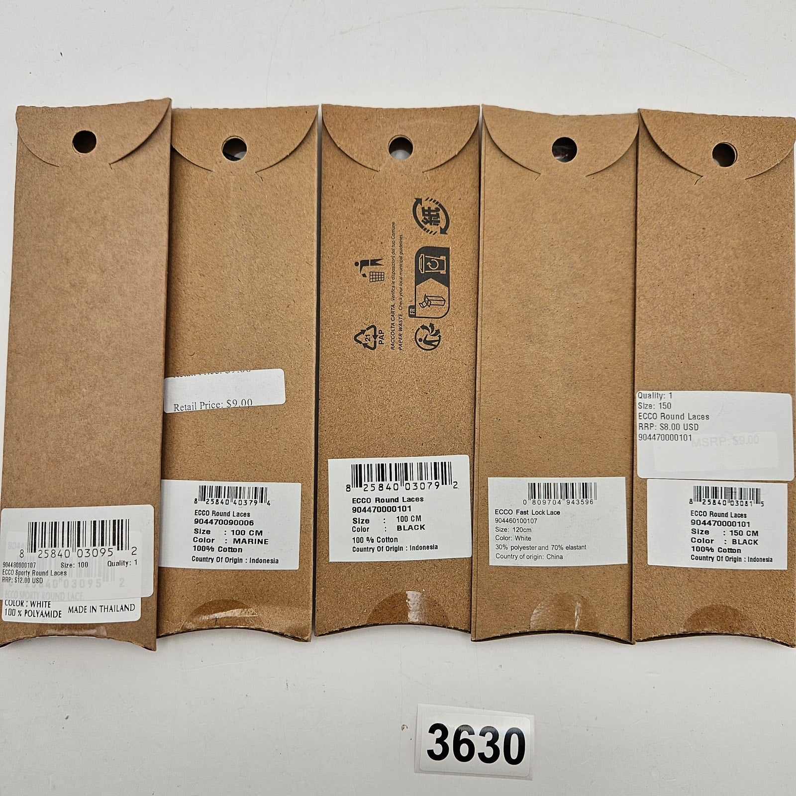 LOT OF 5 - ECCO PREMIUM LACES 100/120/150CM BLACK/MARINE/WHITE ROUND NIB 5 PAIRS