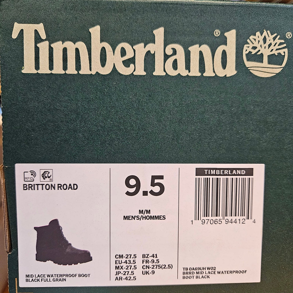 TIMBERLAND MEN'S 9.5 BRITTON ROAD MID LACE UP WATERPROOF FULL GRAIN BOOT BLK NIB