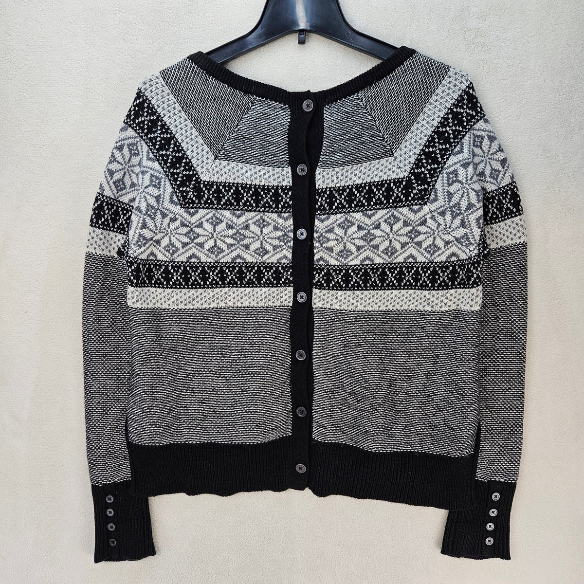C&C CALIFORNIA WOMEN'S MEDIUM FAIR ISLE NORDIC KNIT SWEATER CARDIGAN BLK WHT NWT