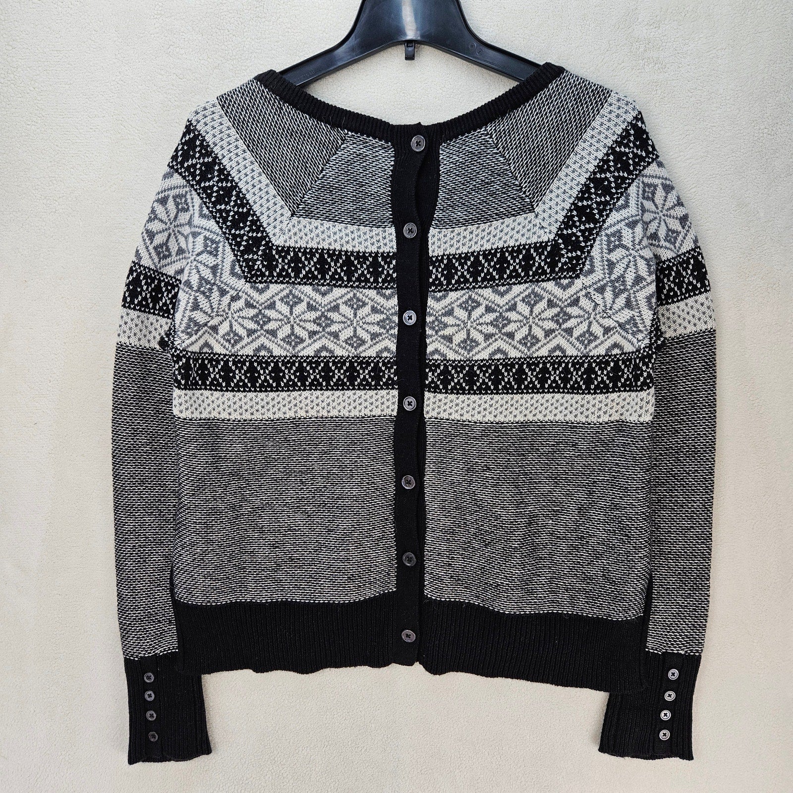 C&C CALIFORNIA WOMEN'S MEDIUM FAIR ISLE NORDIC KNIT SWEATER CARDIGAN BLK WHT NWT