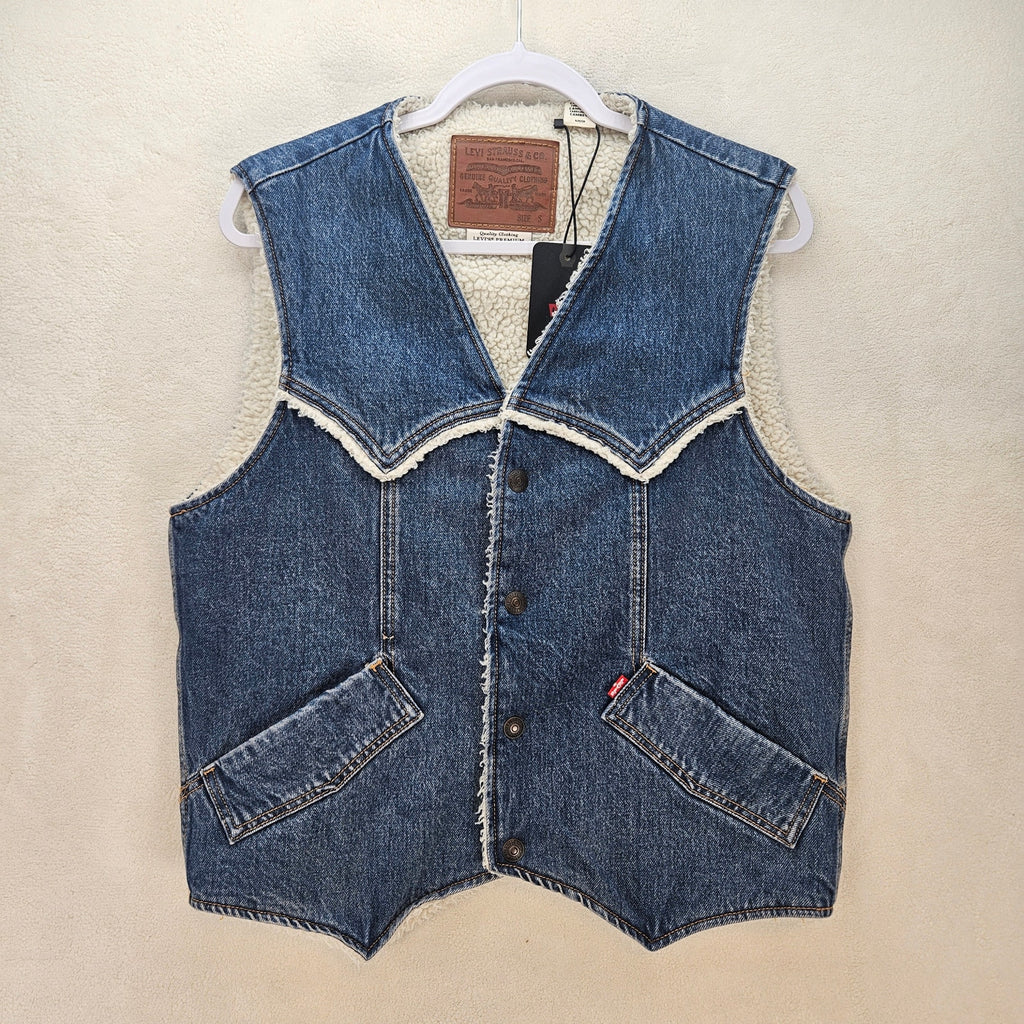 LEVI'S MEN'S SMALL WESTERN DENIM SHERPA VEST NWT SKY DESERT MEDIUM WASH