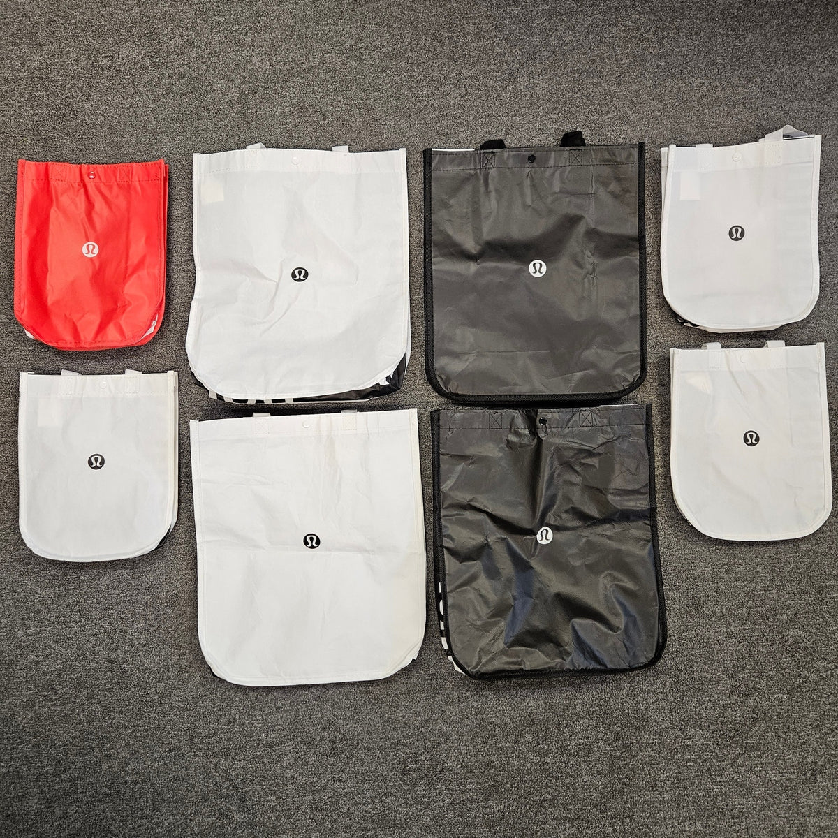 LOT OF 8 - LULULEMON REUSABLE SHOPPING TOTE BAG ASSORTED WHITE BLACK RED ECO BAG