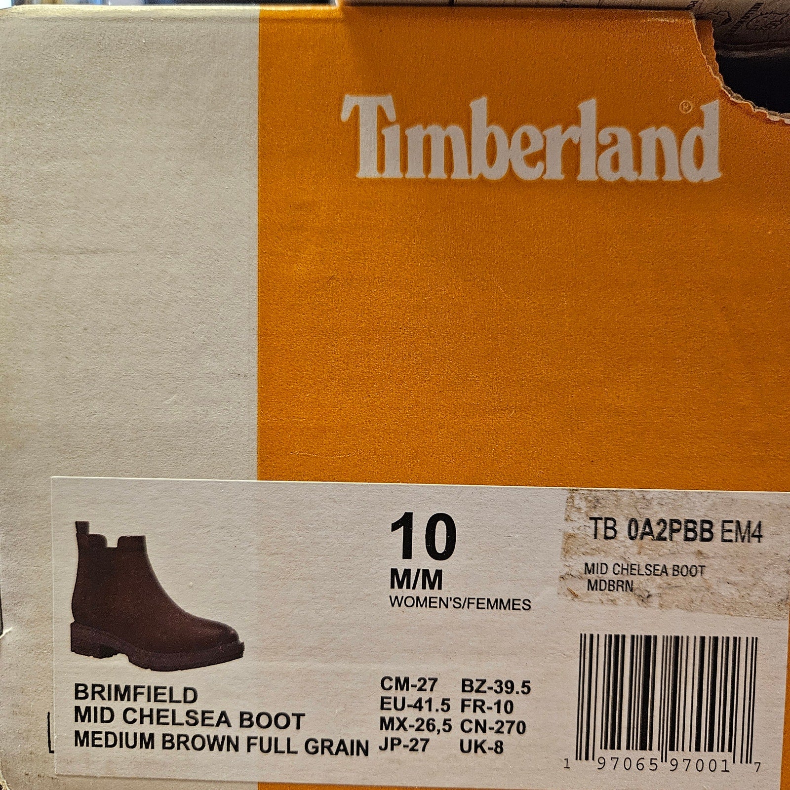 TIMBERLAND WOMEN'S 10 BRIMFIELD MID CHELSEA BOOT MEDIUM BROWN FULL GRAIN NIB