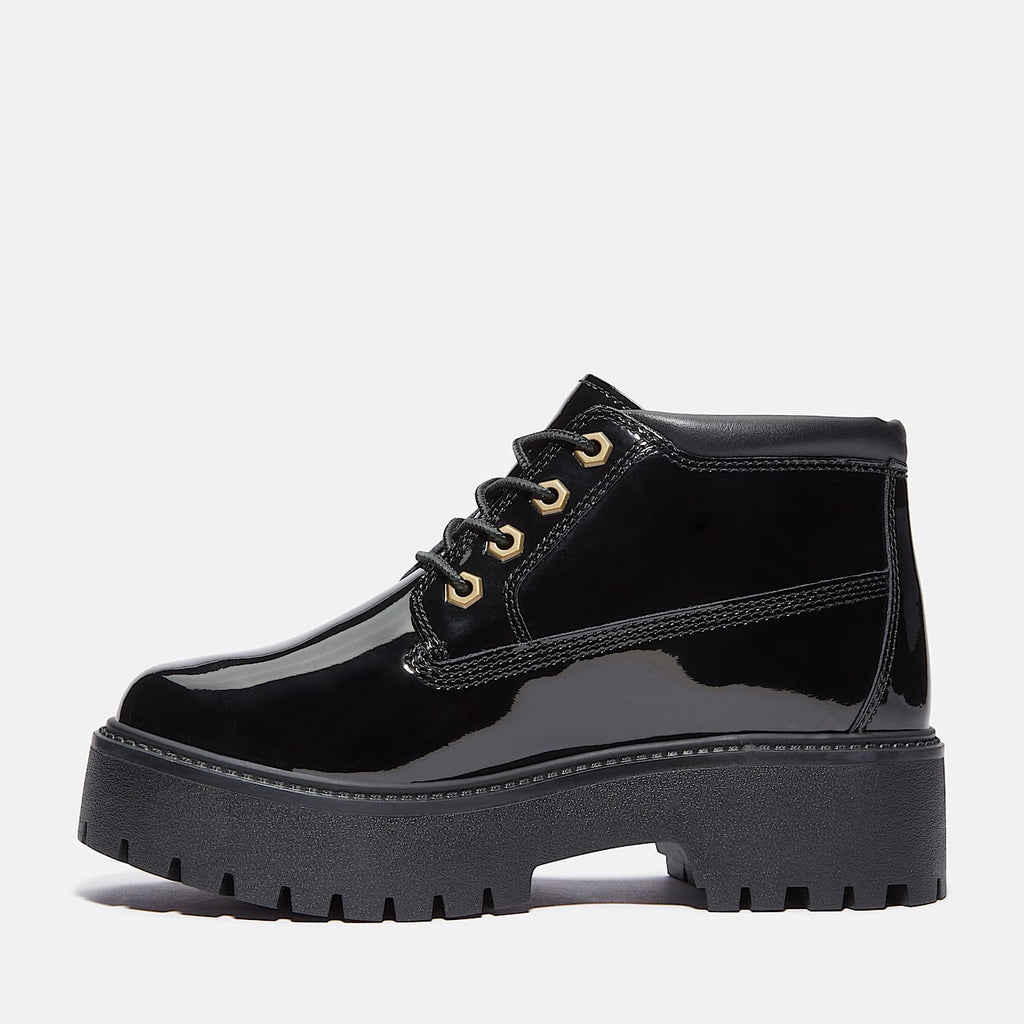 TIMBERLAND WOMEN'S 7 STONE STREET MID LACE WATERPROOF PATENT BLACK LEATHER NIB