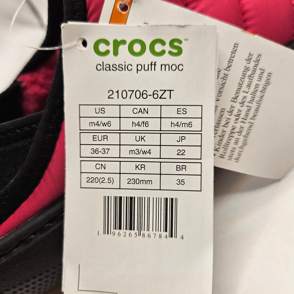 CROCS WOMEN'S 6 CLASSIC PUFF MOC SLIP ON CLOG SHOES PINK BLACK NWT 210706-6ZT