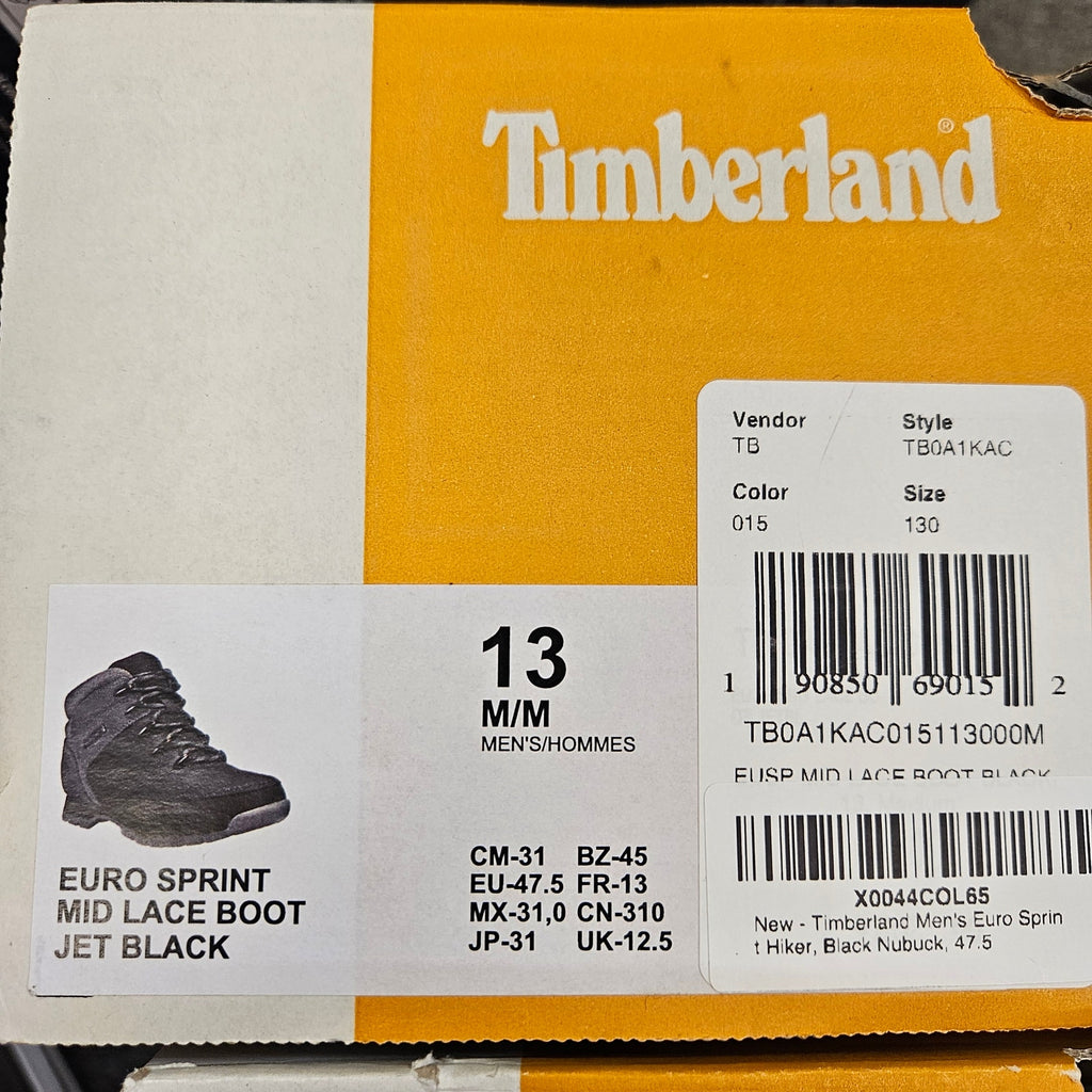 TIMBERLAND MEN'S 13 EURO SPRINT MID LACE BOOT JET BLACK NUBUCK NIB