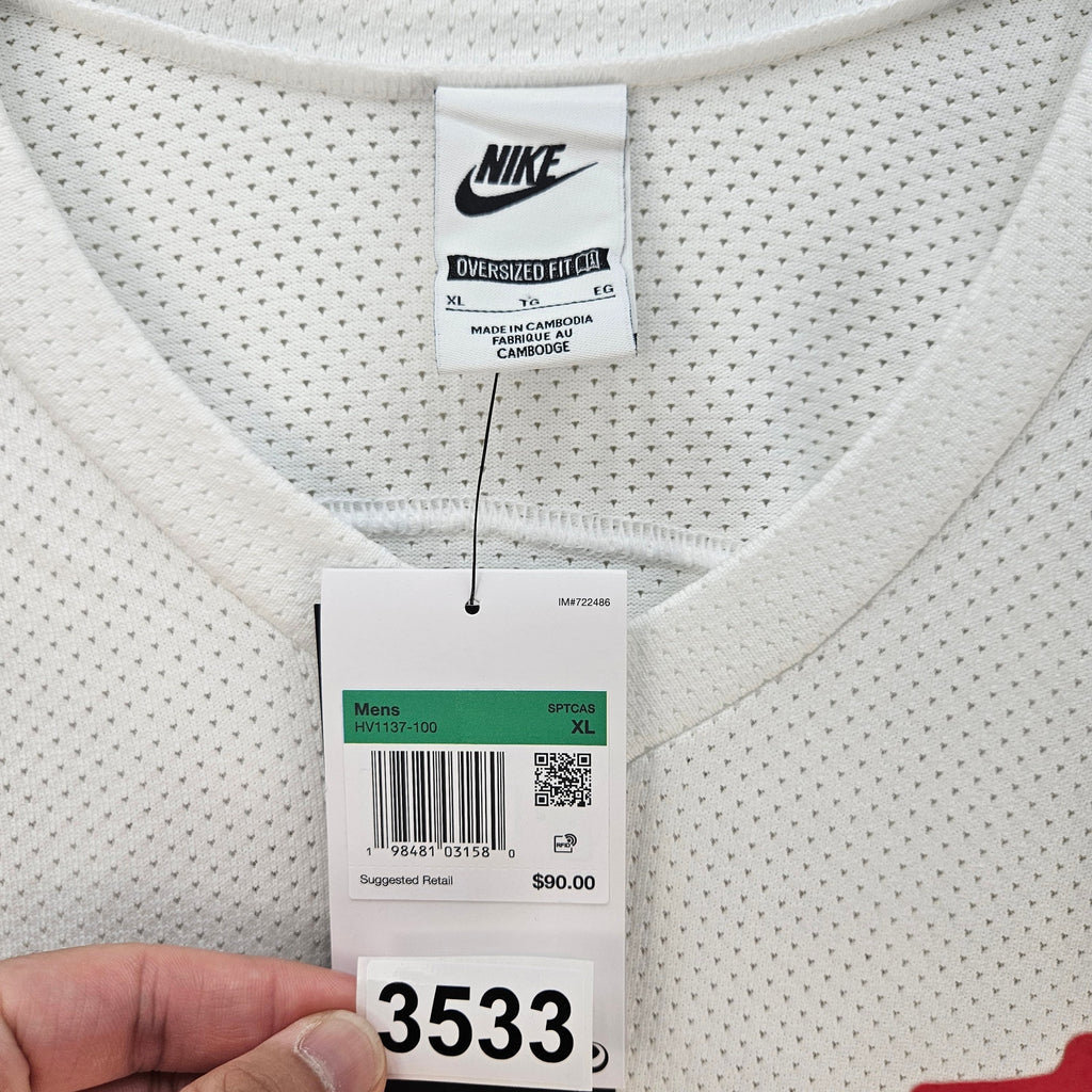 NIKE MEN'S XL OVERSIZED FIT MESH HOCKEY JERSEY WHT RED SWOOSH V-NECK HV1137-100