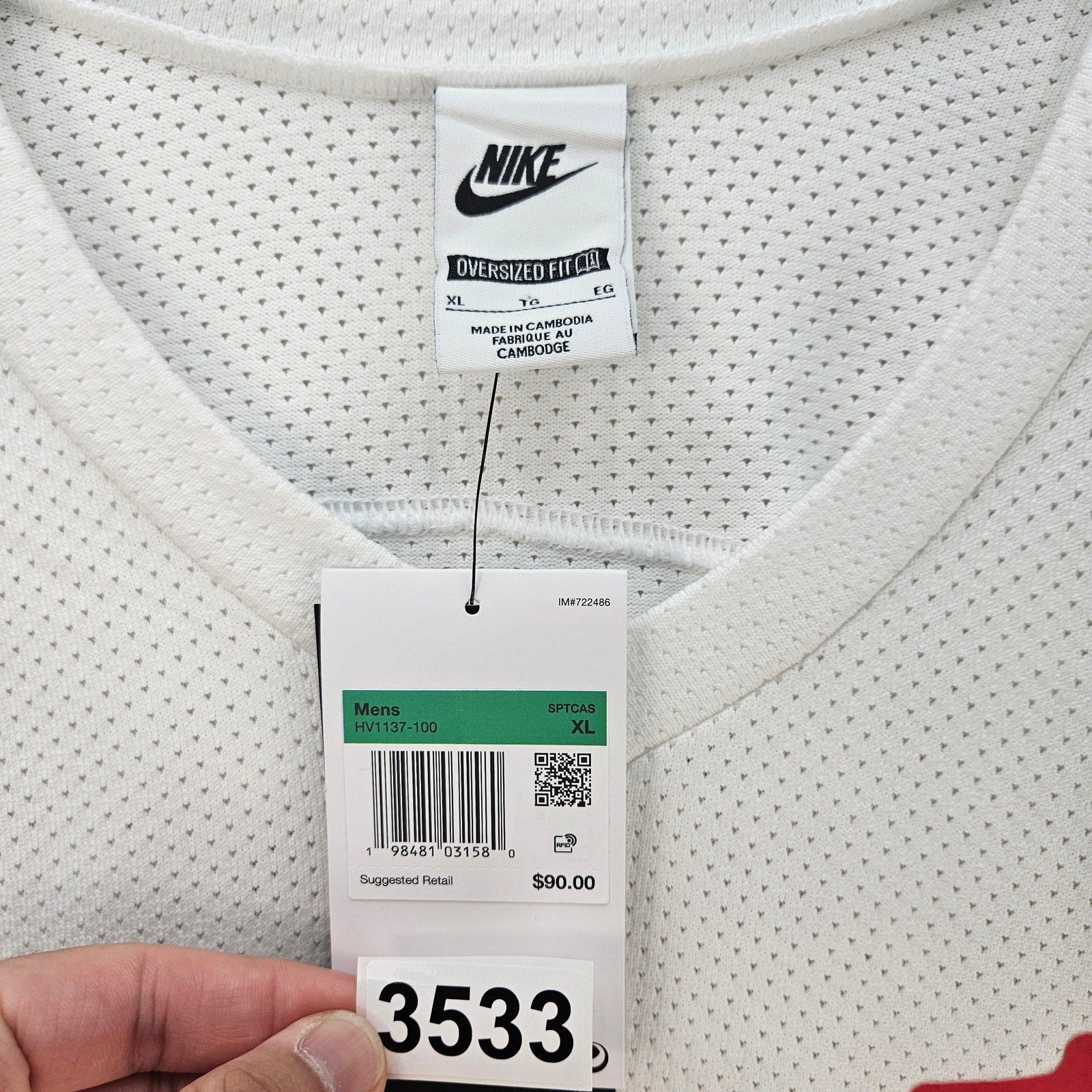 NIKE MEN'S XL OVERSIZED FIT MESH HOCKEY JERSEY WHT RED SWOOSH V-NECK HV1137-100