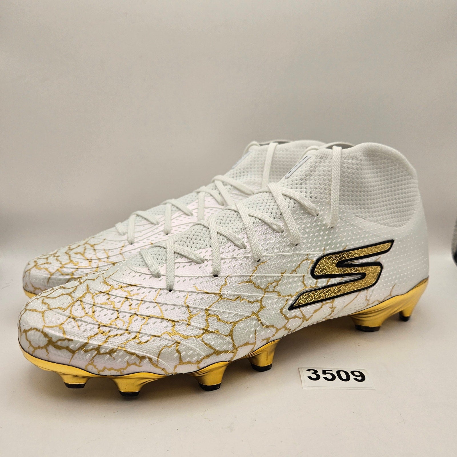 SKECHERS MEN'S 11.5 SKX 1.5 HIGH ELITE FG SOCCER CLEATS WHITE METALLIC GOLD NWOB