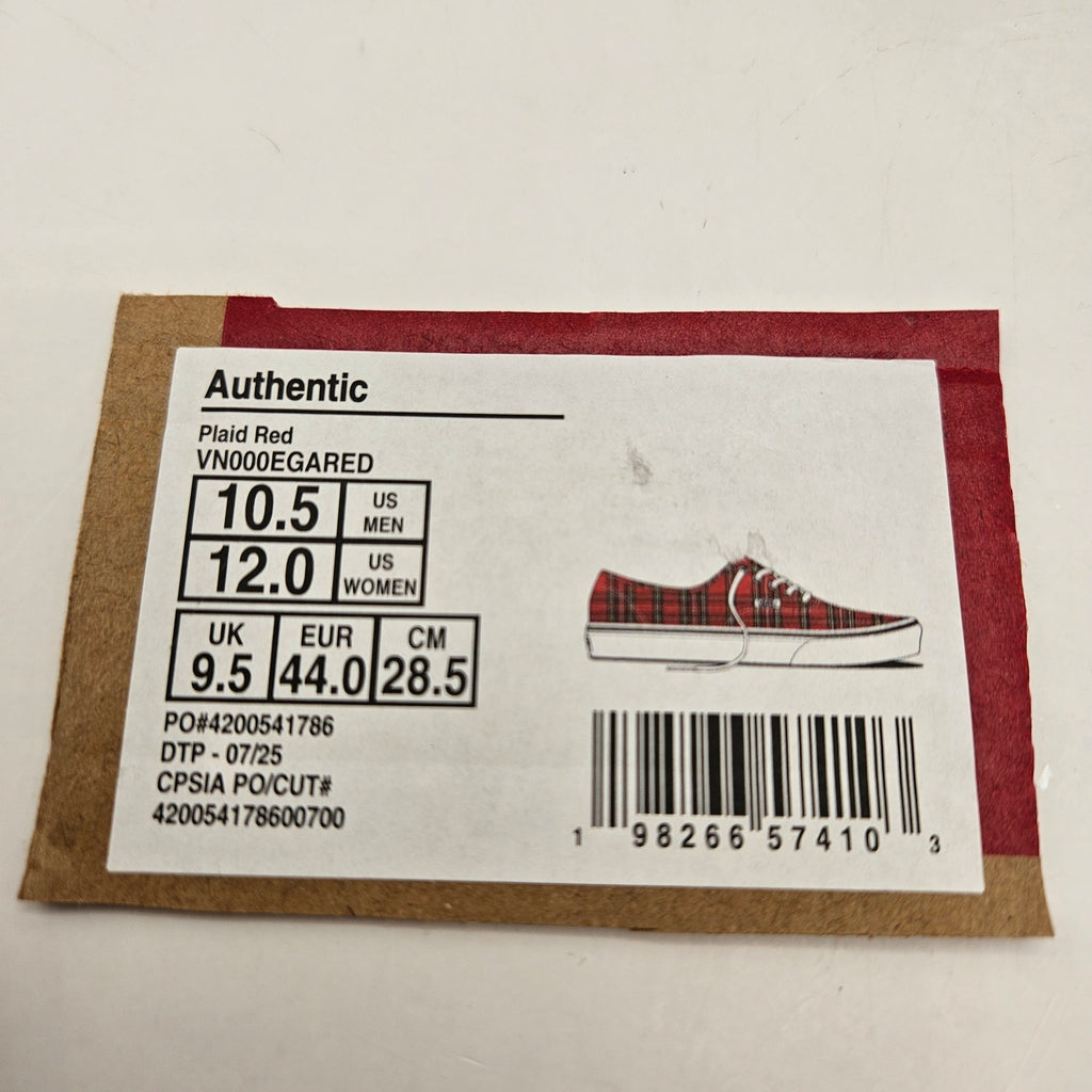 VANS MEN'S 10.5 AUTHENTIC LOW TOP SNEAKER PLAID RED NWOB