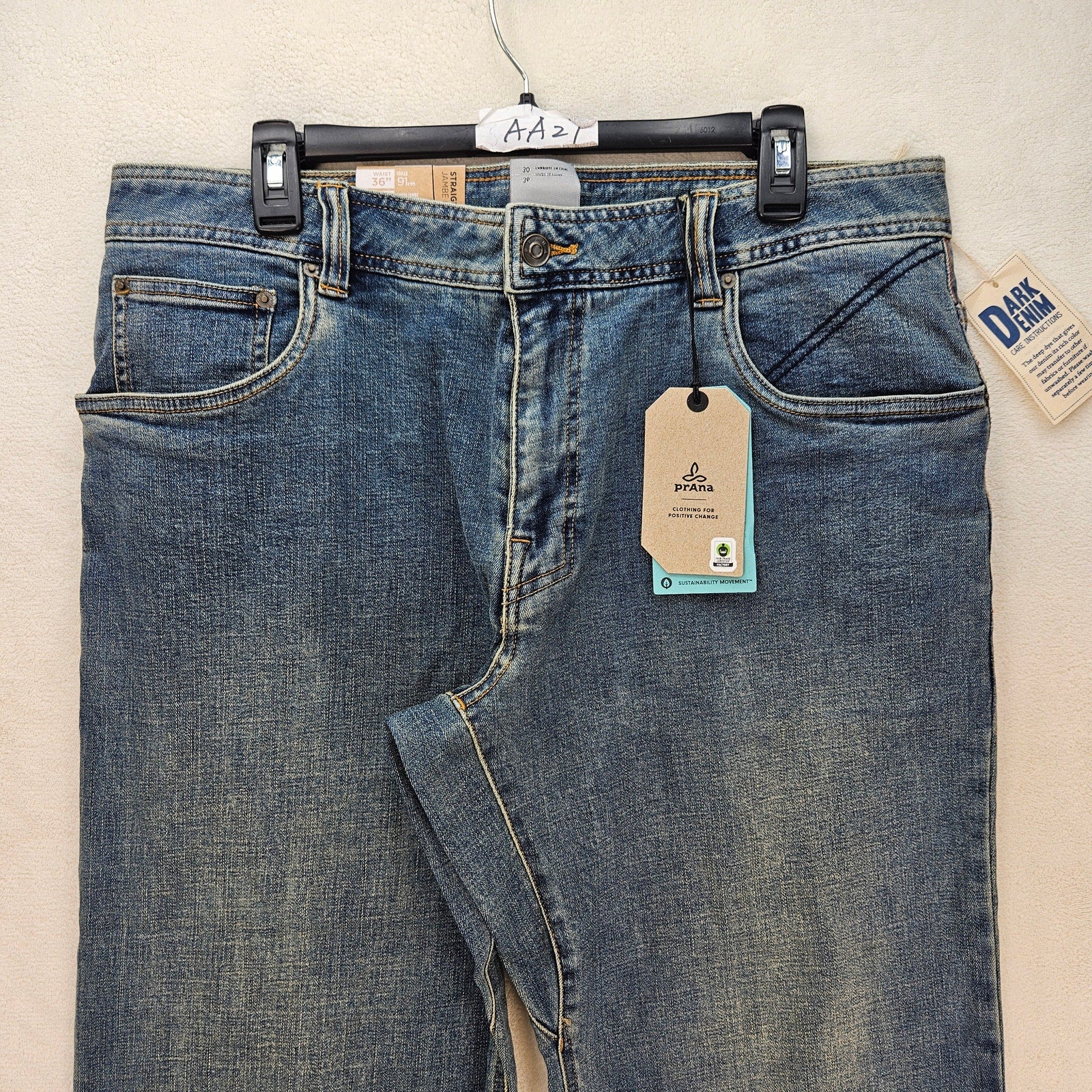 PRANA MEN'S 36X30 AXIOM JEAN ANTIQUE STONE WASH NWT STRAIGHT LEG