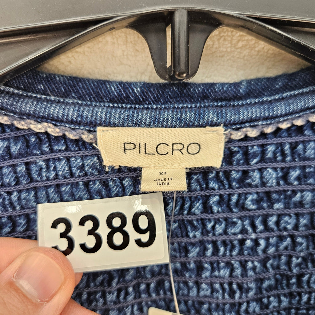 PILCRO ANTHROPOLOGIE XL DENIM BABYDOLL DRESS PETER PAN COLLAR SMOCKED PUFF NWT