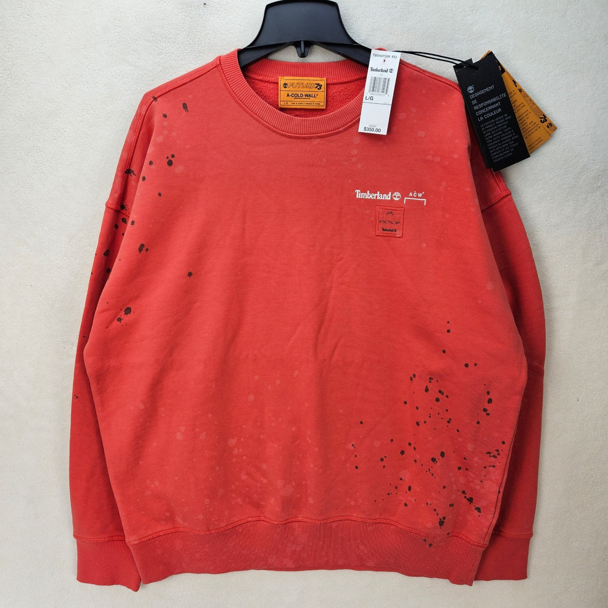 TIMBERLAND MEN'S LARGE A-COLD-WALL FUTURE PULLOVER SWEATSHIRT CORAL RED $300