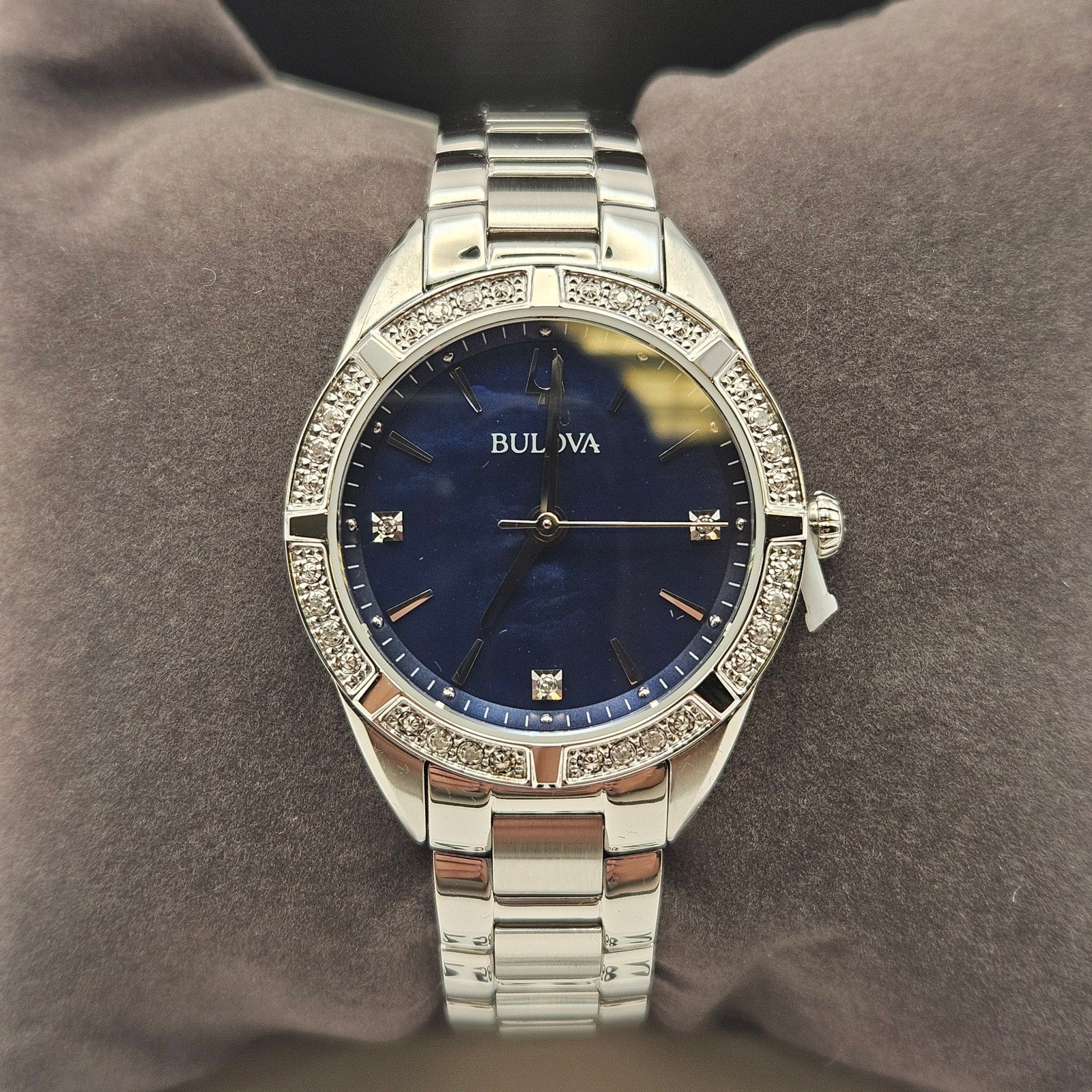 BULOVA WOMEN'S CLASSIC QUARTZ GEMMED SILVER STAINLESS STEEL WATCH 35 MM 96R243