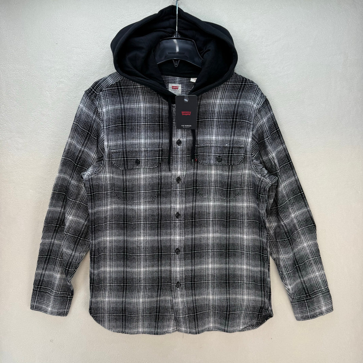 LEVI'S MEN'S SMALL HOODED WORKER SHIRT AMETRINE PLAID METEORITE