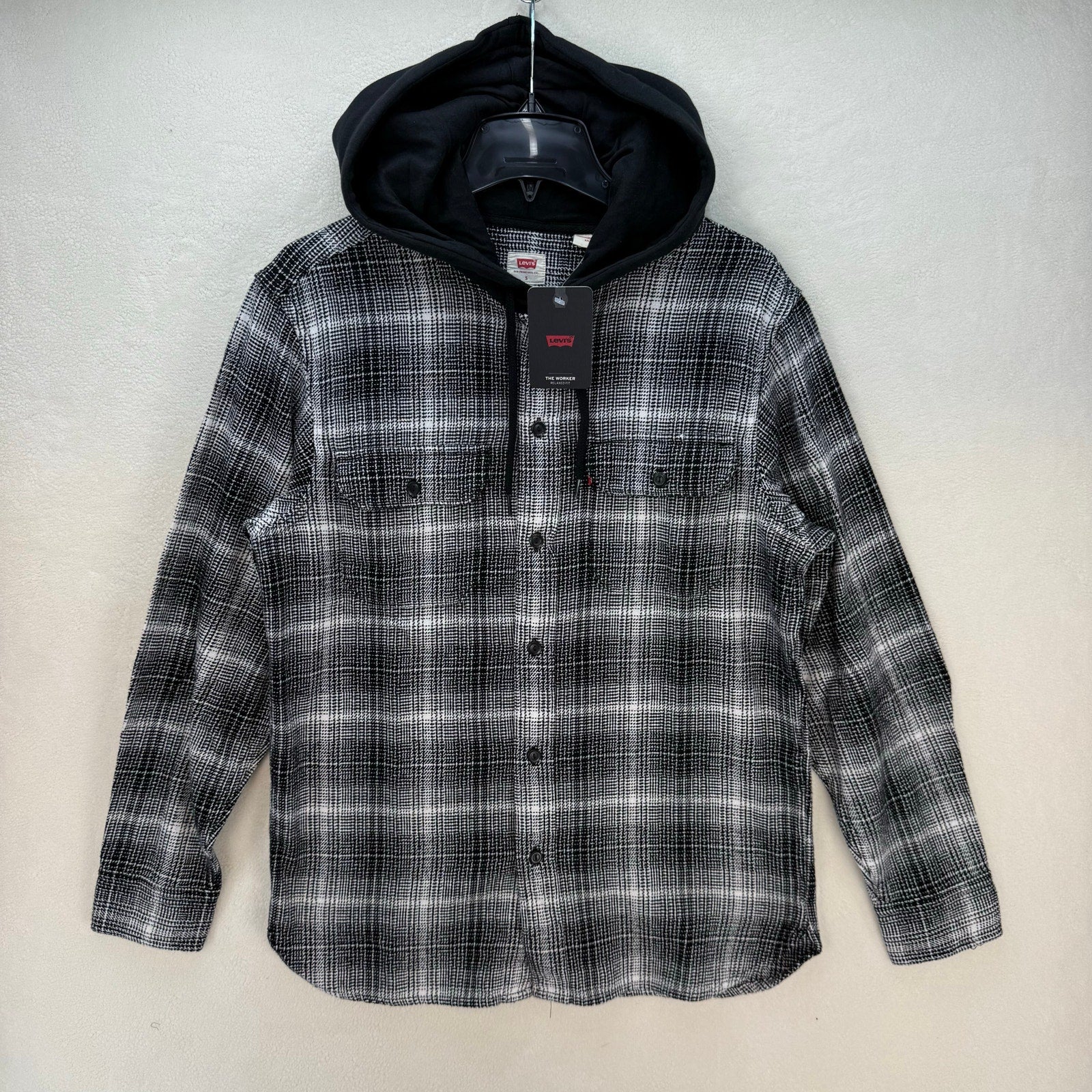 LEVI'S MEN'S SMALL HOODED WORKER SHIRT AMETRINE PLAID METEORITE