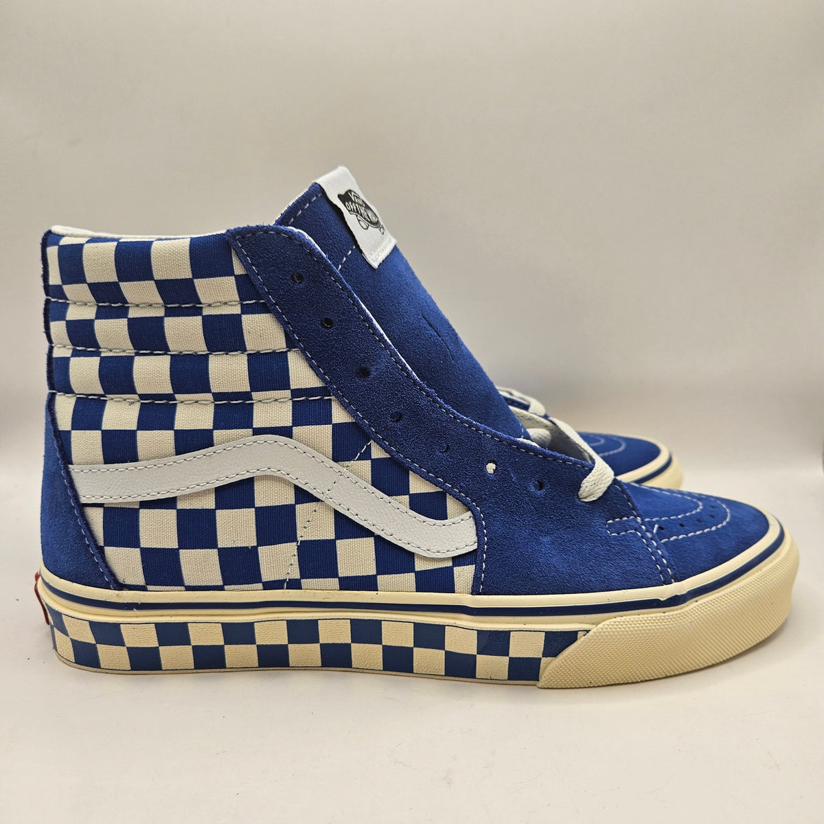 VANS WOMEN'S 9.5 SK8-HI CHECKERBOARD SIDEWALL CLASSIC BLUE SKATEBOARD NWOB