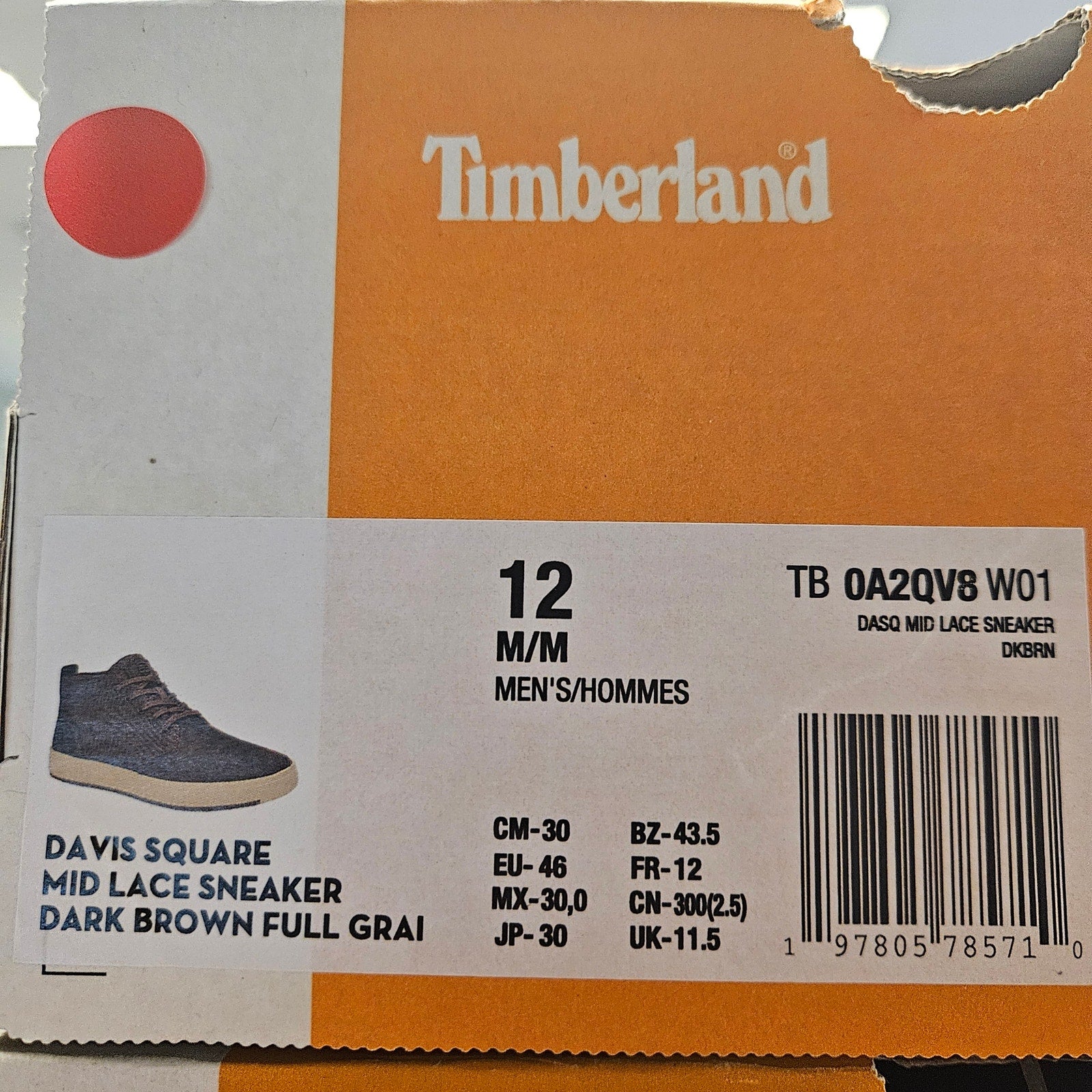 TIMBERLAND MEN'S 12 DAVIS SQUARE MID LACE SNEAKER DARK BROWN FULL GRAIN NIB