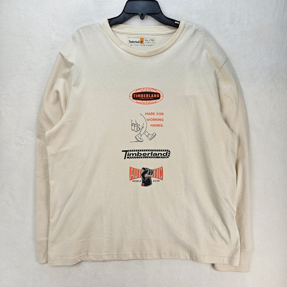 TIMBERLAND MEN'S XL MADE FOR WORKING HANDS LONG SLEEVE GRAPHIC TSHIRT NWT CREAM
